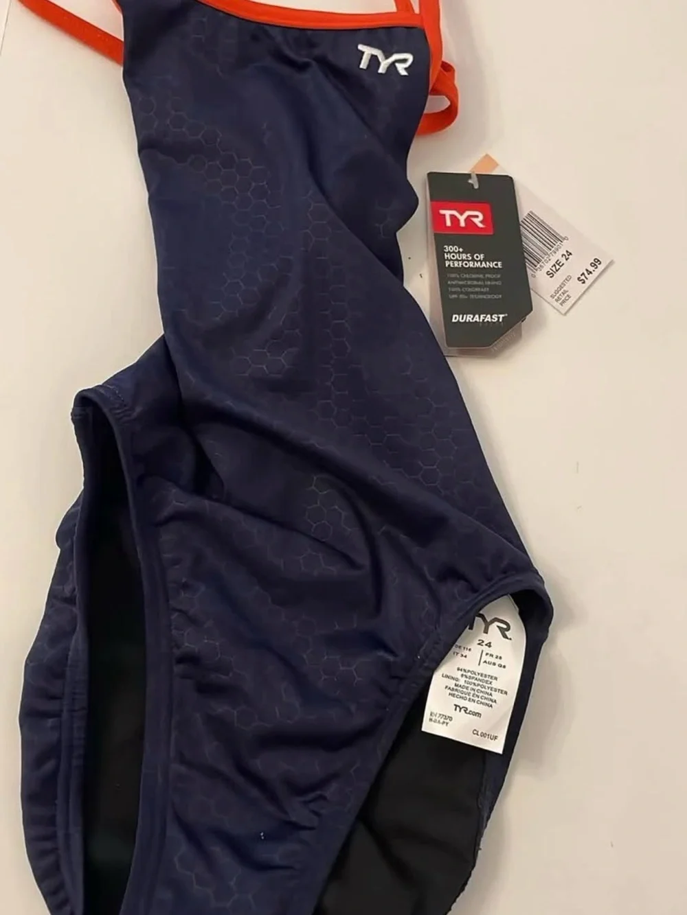 NWT TYR DuraFast One Piece Swimsuit Navy Orange Size 24
